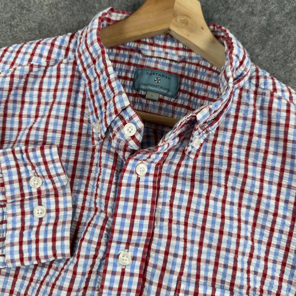 Castaway Nantucket Shirt Mens Large Red Blue Plaid Seersucker Nautical Coast